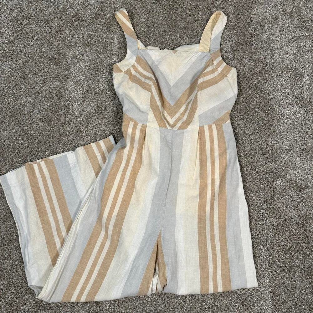 Anthropologie Cream and Tan Striped Linen Cotton Jumper